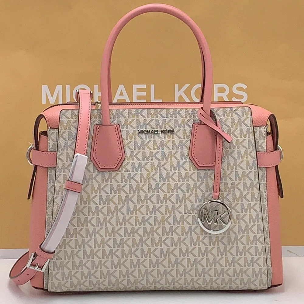MICHAEL KORS MERCER MEDIUM TOP ZIP BELTED SATCHEL PRIMROSE MULTI SIGNATURE